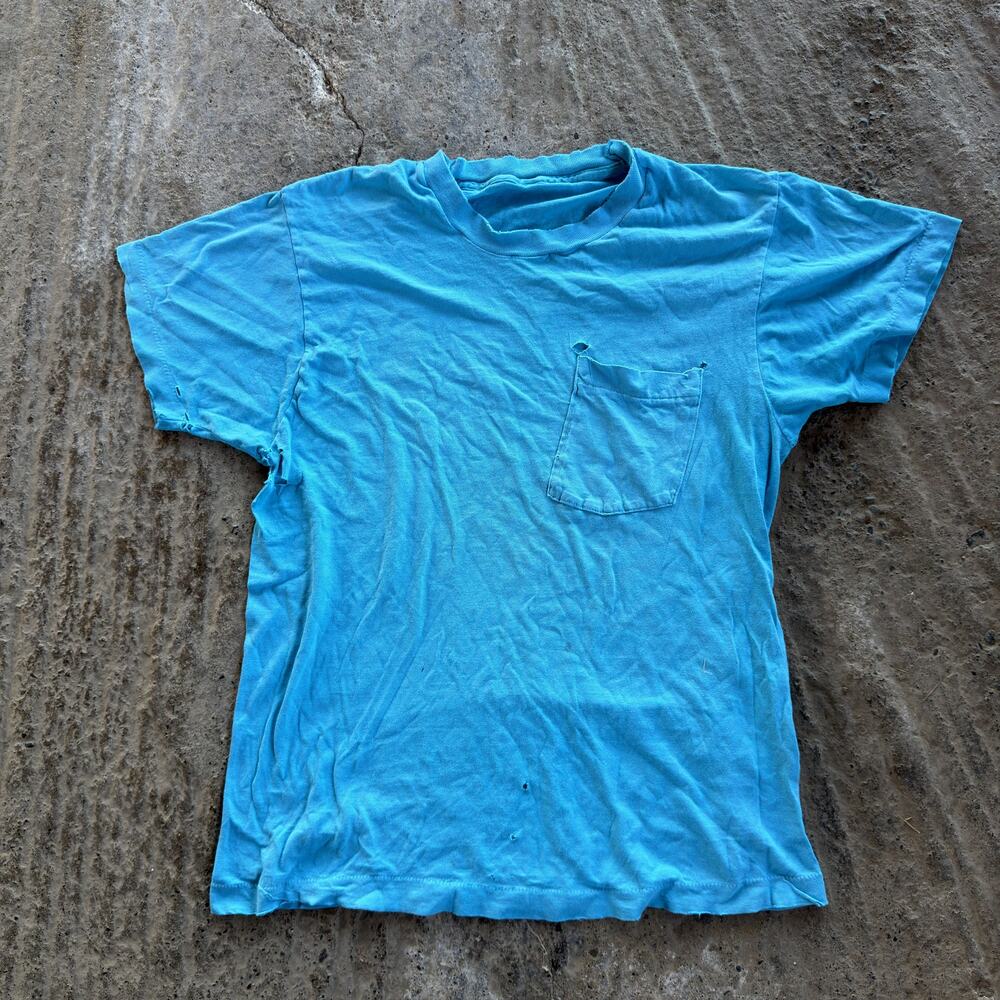 Vintage 80s Teal Pocket Tee Shirt Blank Boxy Short Sleeve Thin Distressed Mens M